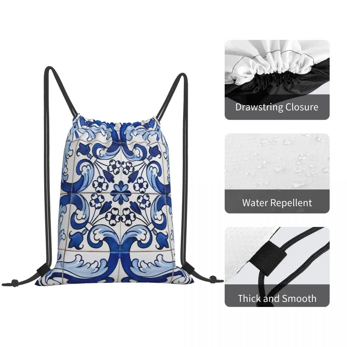 Antique Classic Lisbon Blue Azulejo Tile Floral Pattern Backpacks Fashion Drawstring Bags Shoes Bag Book Bags for Travel School