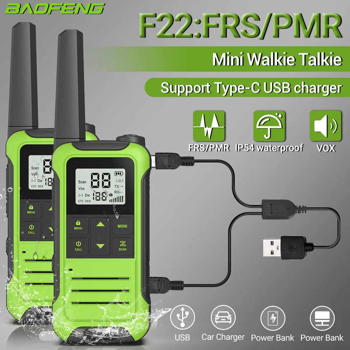 

2Pcs Baofeng F22 Mini Walkie Talkie PMR446 FRS Licence-free Portable LCD Display VOX Type-C Charger Two-Way Radio For Camping