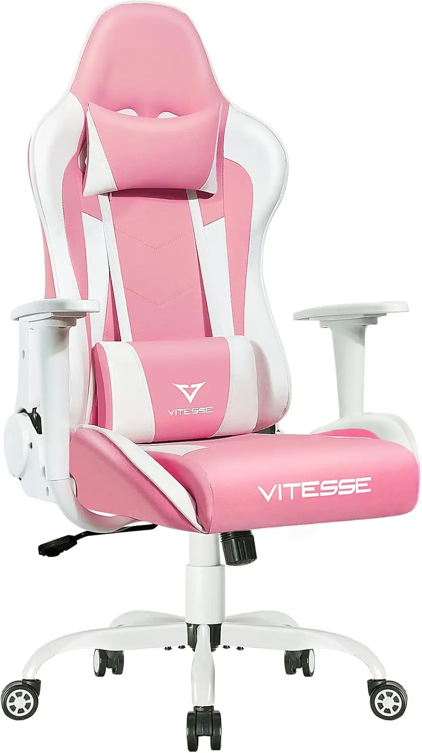 Silla de juegos Kawaii rosa para niña, escritorio ergonómico, oficina de carreras, respaldo alto ajustable, silla giratoria de cuero con L