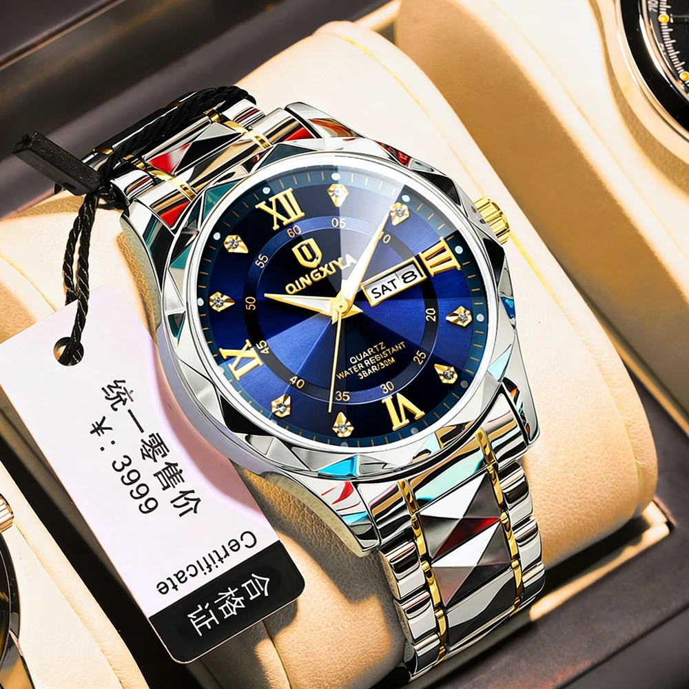 

QINGXIYA деловые роскошные мужские часы, водонепроницаемые, из нержавеющей стали, светящиеся, мужские наручные часы с датой и днем недели, спортивные мужские кварцевые часы Reloj