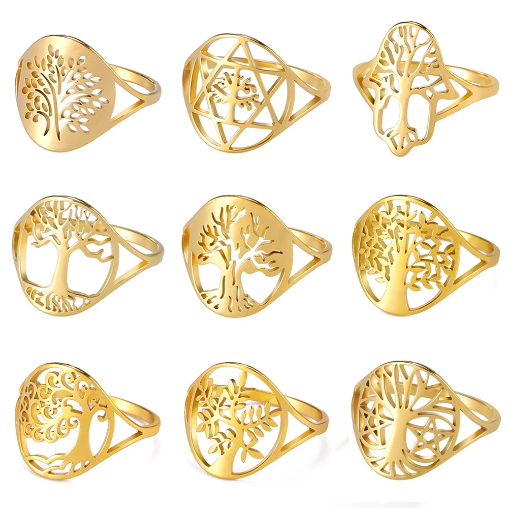 Anillo de árbol de la vida Dawapara, anillo de acero inoxidable con nudo celta de brujería, árbol genealógico para mujer, banda de boda, joyería de pareja Wiccan