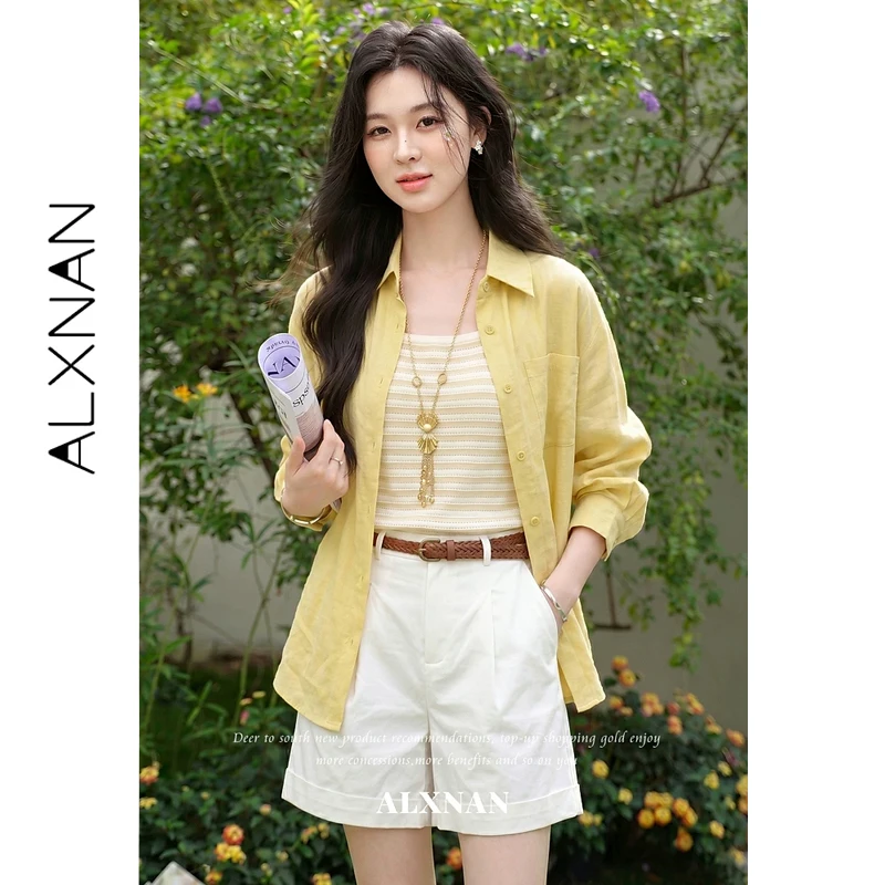 

ALXNAN Women's Shirt Summer Yellow Lapel Loose Casual Sun Protection Long Sleeve Shirt Fashion Elegant Blouses Ladies L656112A