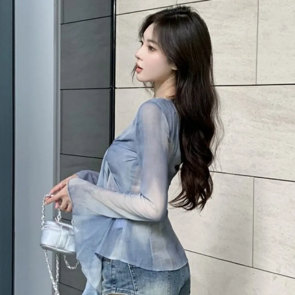 Уличная футболка с сетчатым поясом в виде медузы, эльфийская футболка с длинными рукавами и плиссированным воротником, облегающие укороченные топы, корейские прозрачные Y2K Ins