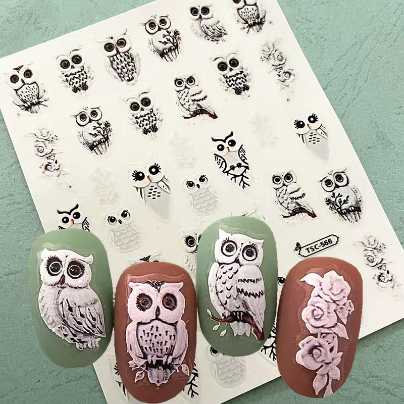 Newest Owl Design 3D Back Glue decal stamping DIY Decoration Tips Nail Sticker TSC566