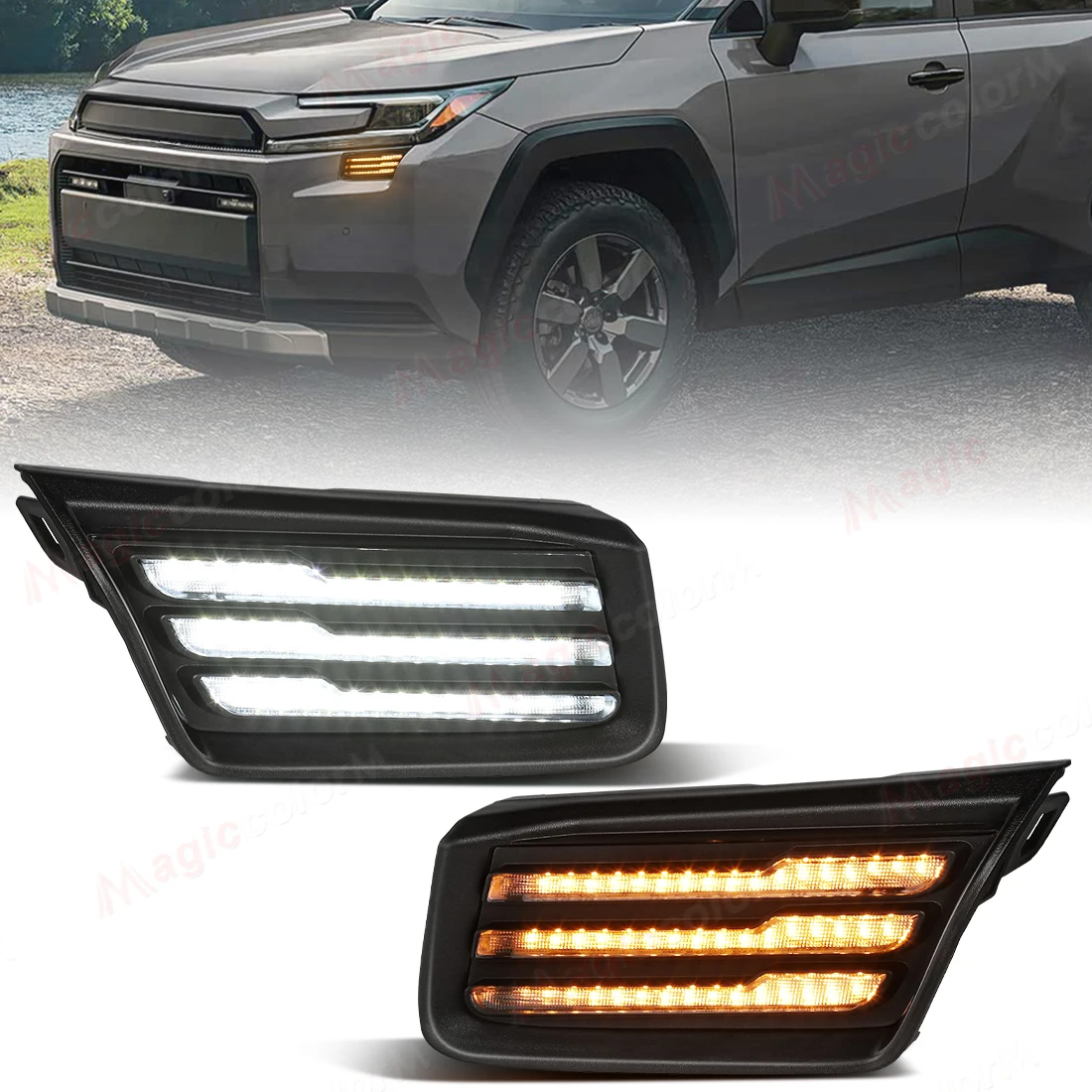 

LED DRL Turn Signal For Toyota RAV4 Woodland 2026 2027 Daytime Running Lights Fog Lamps Front Bumper White Yellow Blue Daylights