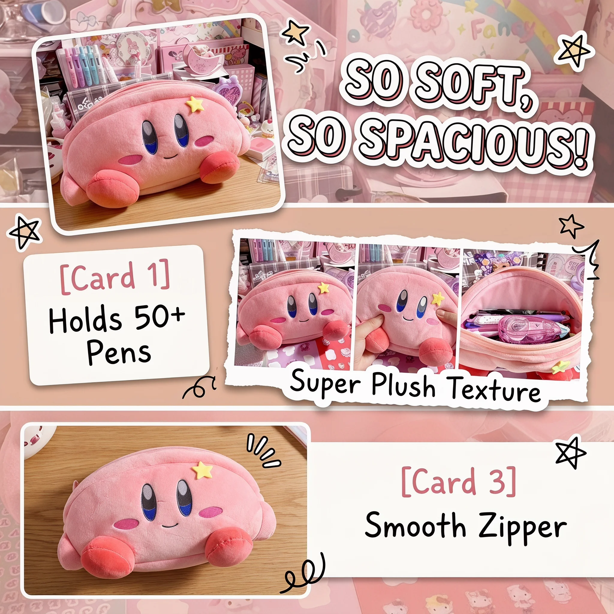 Kirby Style Cute Anime Plush Pencil Case Large Capacity Zipper Stationery Bag Cosmetic Makeup Pouch for Students School Supplies