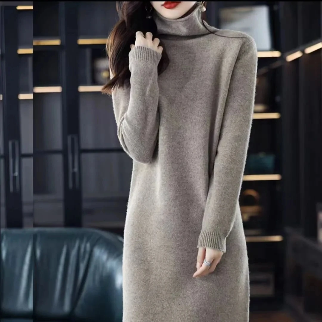 

2023 Autumn/Winter Long Knee Soft Knitted Wool Dress Women's Stacked Collar Pullover Long Sleeve Warm Sweater Bottoming Dresses