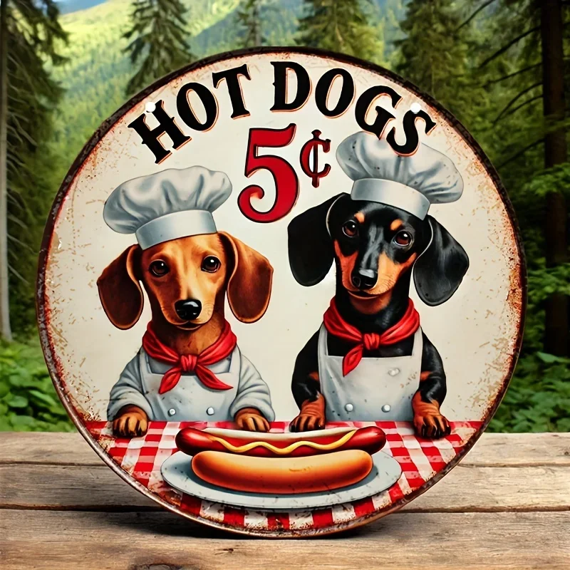 Retro Hot Dog Sign 5 Cents Long Dog Chef Design Perfect Wall Decoration for Kitchen Home Decor
