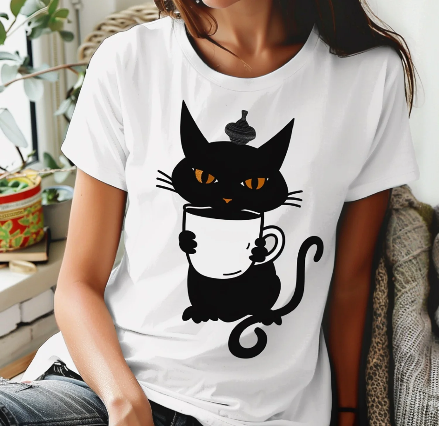 Kawaii Chic Cat Cup T-Shirt Relax with Your Favorite Kitty Companion Anime Clothes Women Clothing Streetwea Graphic T Shirts