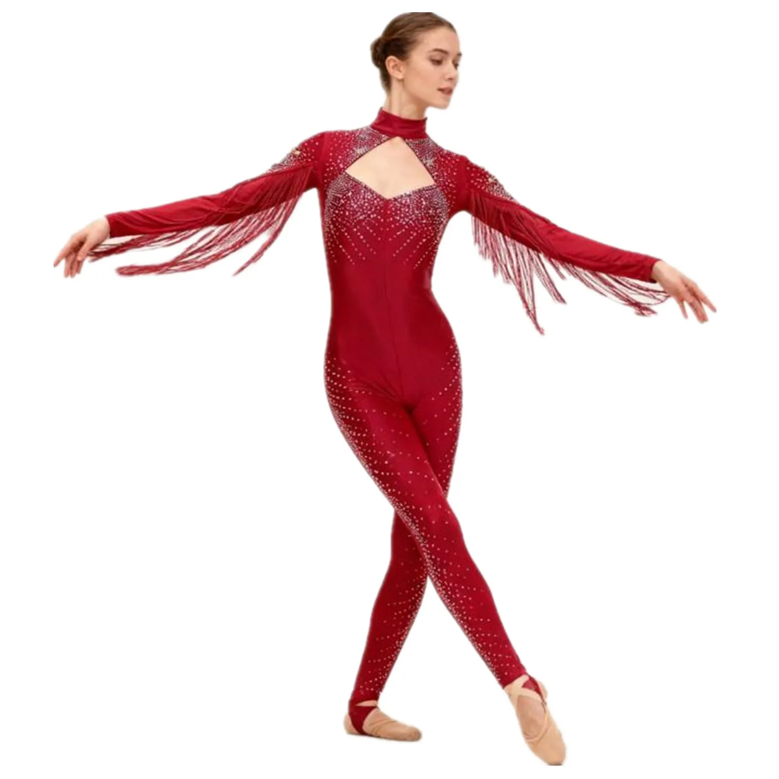 إمرأة الجمباز الفني الشكل التزلج زي الباليه الرقص Unitards بذلة لامعة حجر الراين شرابة ارتداءها السروال القصير