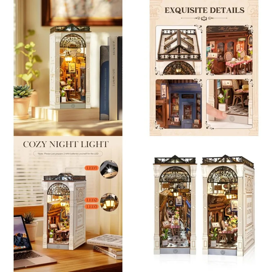 

DIY Book Nook Kit 3D Wooden Puzzle for Adults - European Arcade Street Scene 10" Miniature House Kits Booknook with LED Bookshe