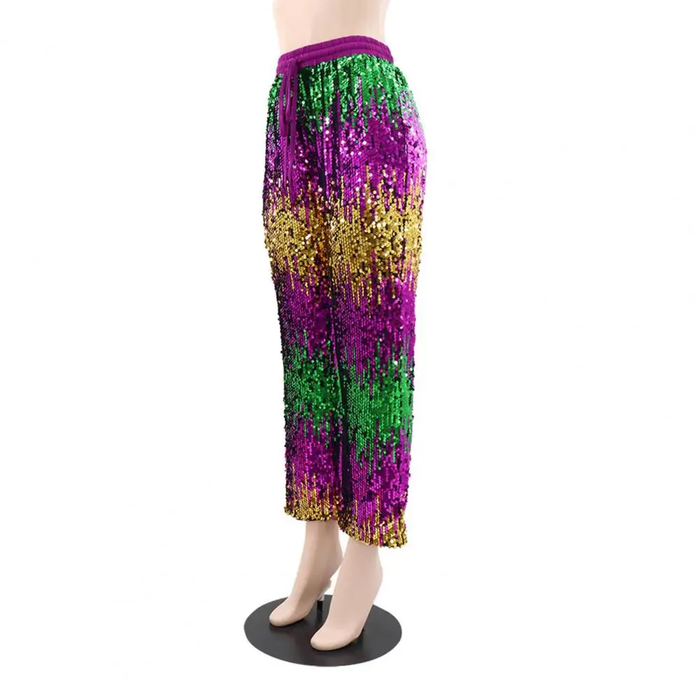 Drawstring Waist Trousers Shiny Sequins Wide Leg Pants for Women with Elastic Waist Adjustable Drawstring Stylish for Vacation