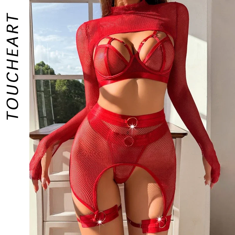 

Toucheart Sexy Lingerie Set For Women Hollow Mesh See-through Sexy Temptation Free Underwear Long Sleeves Garters Lingerie Set