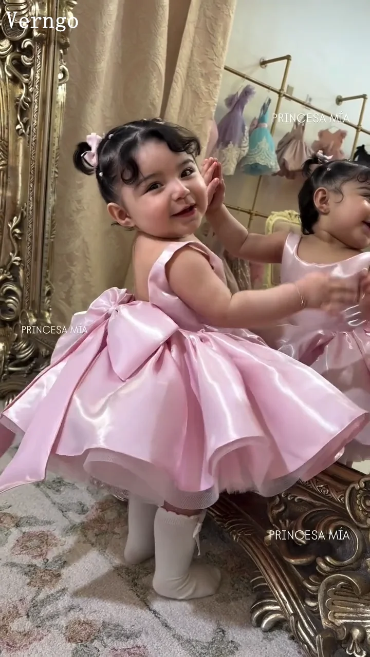 Verngo Pink Shiny Satin Girl Birthday Party Dress Spaghetti Straps A Line Bows Flower Dresses Girl Princess Ball Gown Cus