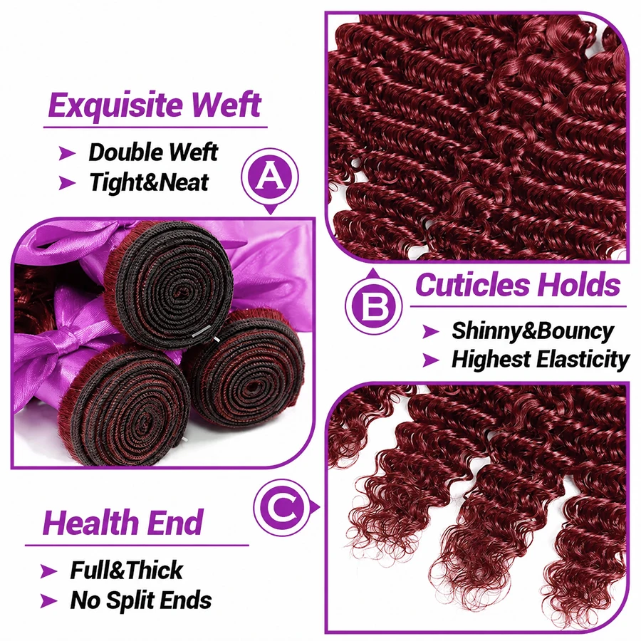 15A Deep Wave Human Hair Bundles 99J Burgundy Bundle Hair 100% Brazilian Virgin Hair Extensions Kinky Curly Ponytail Human Hair view 3