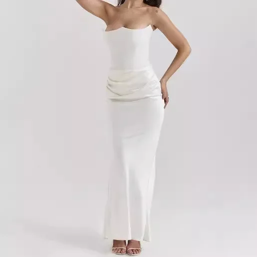 XY23566 صيف جديد الخصر مقصوص Bodycon طويل الساتان صديرية دائرية مطوي المرقعة فستان المرأة الموضة