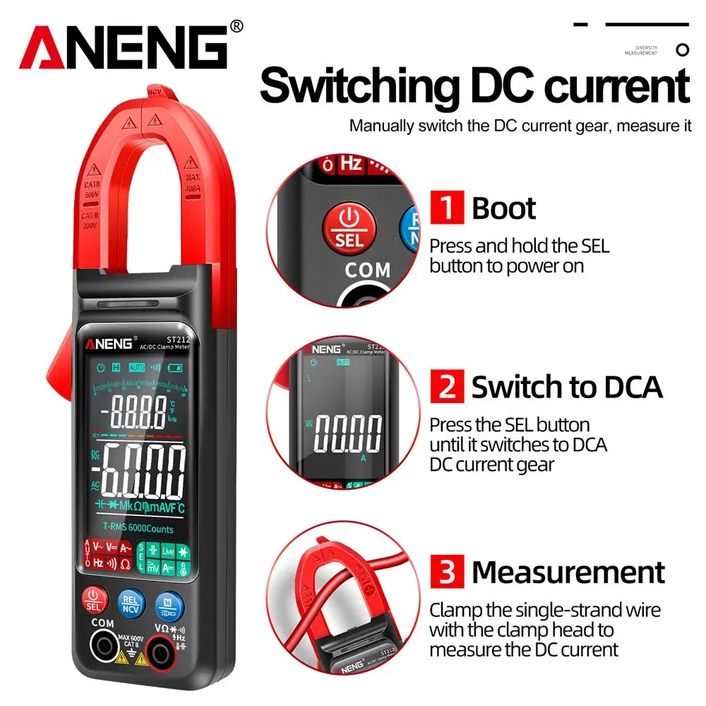 ANENG ST212 Digital Clamp Meter 6000 Counts DC/AC Current 400A Amp Multimeter Large Color Screen Voltage Tester Car Hz NCV Ohm