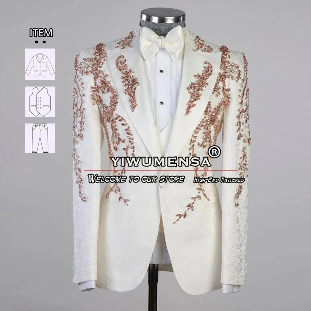 

Luxury Men's Suits For Wedding Beading Coat Vest Pants 3 Pieces Groomsman Tuxedo Tailor-Made Male Fashion Prom Party Dress Ivory