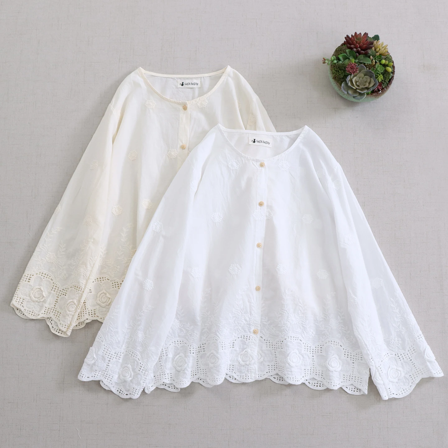 

Japanese Sweet Mori Girl Solid Color Embroidery Cotton Shirts Women Spring Summer O-Neck Long Sleeve Casual Loose Blouse Tops