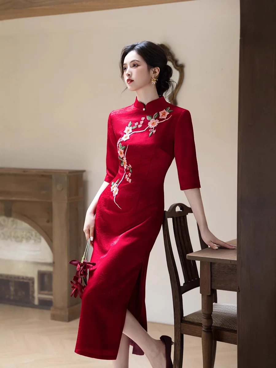 جديد تشيباو 2025 طبعة الخريف/الشتاء النمط الصيني مزاجه أنيقة طويلة محبوك الجاكار فستان التخسيس #4