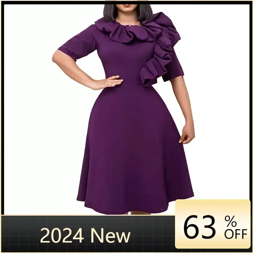 

African Dresses for Women 2024 Spring Summer Elegant African Half Sleeve Purple Blue Red Polyester Midi Dress Africa Clothing
