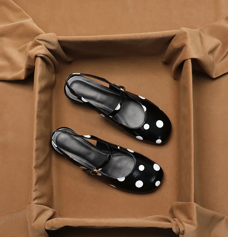 SHOEBOX French Polka Dot Genuine Leather Bucket Head Sandals for Women Summer New Fashion Medium Block Heel One-Strap Sandals