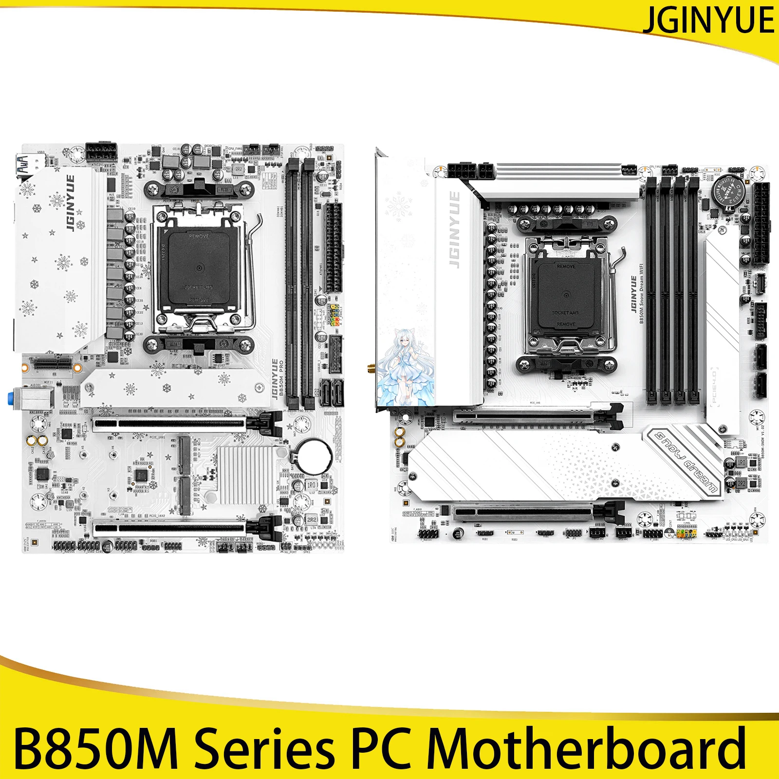 JGINYUE B850M Snow Dream WIFI/B850M PRO Gaming PC Motherboard 2*Sata 3.0 M-ATX 3*M.2 NVME  DDR5 Dual Channel AMD850 Chipest