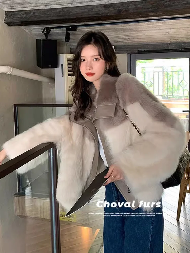 High end Autumn Winter 2024 Color Blocking age Reducing fur All-in-one Jacket Trendy Fashionable Soft Lazy fur top for Women WLF