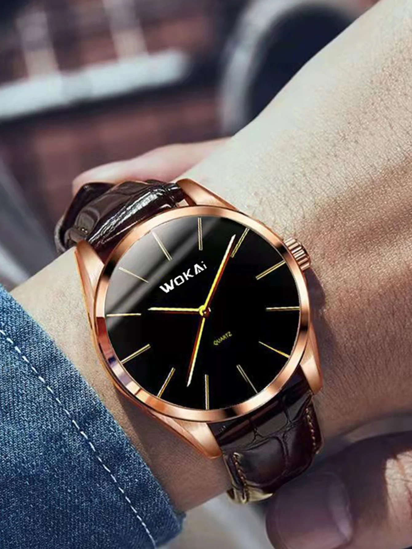 

Минималистичные ультратонкие мужские часы - черный циферблат, корпус из розового золота, коричневый кожаный ремешок, простые деловые часы для повседневной носки и отдыха.