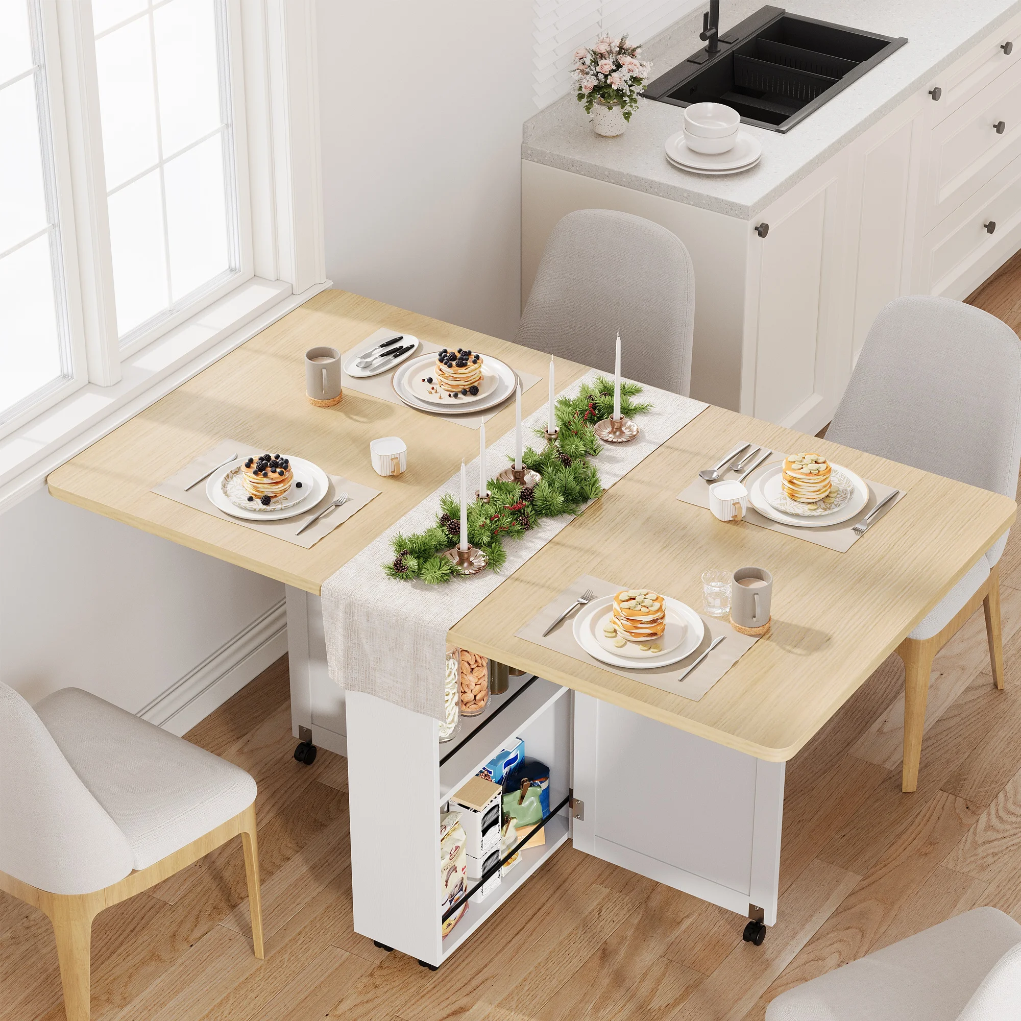 Folding Dining Table With Storage Drawer And Shelves, Extendable Drop Leaf Kitchen Table On 6 Locking Wheels For Small Spaces