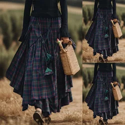 Gothic A Line Skirt for Women Irregular Hem Plaid Y2K Elastic Waisted Midi Skirt Ladies Pleated Casual Halloween Party Skirts