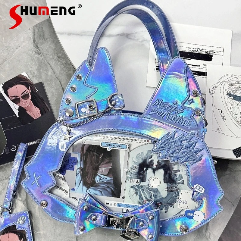 

Оригинальные японские сумки в стиле Лолиты, милые сумки для покупок с котом, мягкая сумка через плечо для девочек, двойное плечо, лазерная лакированная кожаная сумка для боли