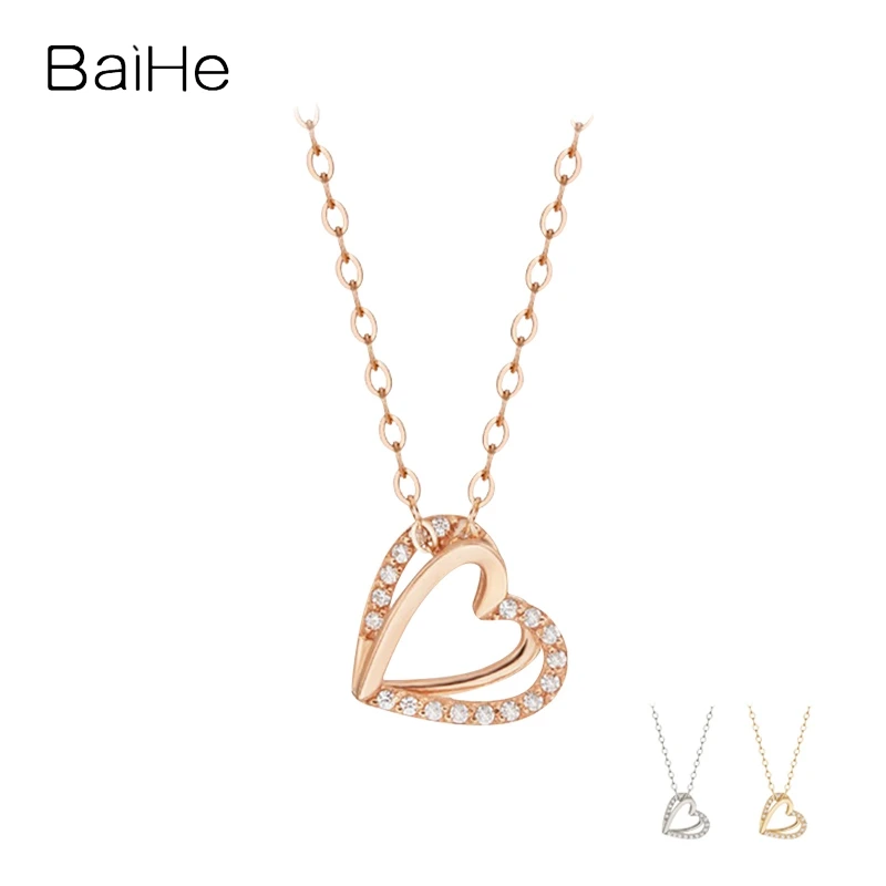 

BAIHE Solid 18K White/Yellow/Rose Gold 0.06ct H/SI Natural Diamond Heart Pendant Necklace Women Trendy Fine Jewelry Collar