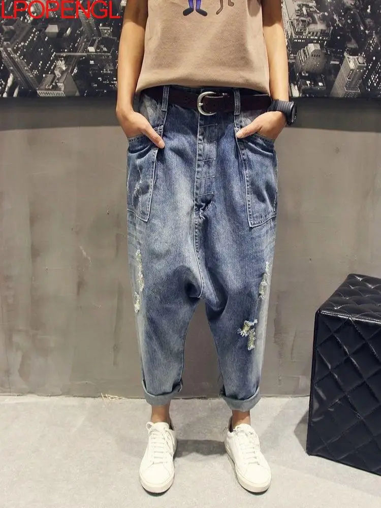 

Ripped Jeans Women's Ankle-length Cross-pants Loose Korean Style Trendy Baggy Pants 2024 New Streetwear Denim Harem Pants