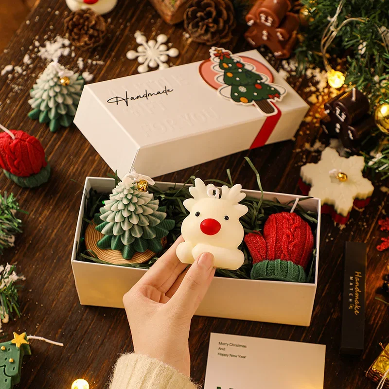 Creative 3-piece Christmas Handmade Scented Candle Gift Set. Green Christmas Tree, White Deer. Ginger Candy Man. Green Gloves.