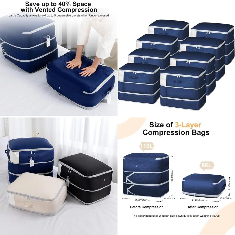 

Large Capacity 3-Layer Space Saving Self-Compression Bags for Blankets and Comforters, 8-Pack Navy Blue