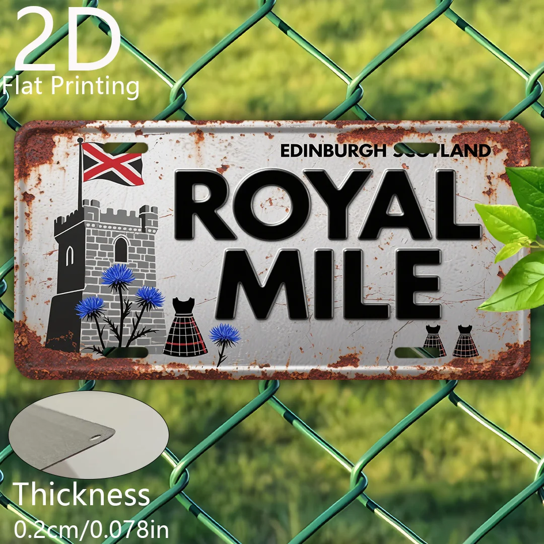 2D Flat, 1pc Vintage Edinburgh Scotland Royal Mile Metal Sign - Heavy-Duty Aluminum Retro Scottish Decor with Scottish Flag - La