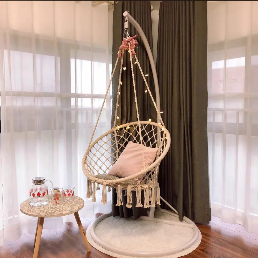 

Modern Design Outdoor Patio Swing Chair Wholesale Handmade Cotton Rope Hanging Macrame Hammock Iron Stand Furniture Courtyard