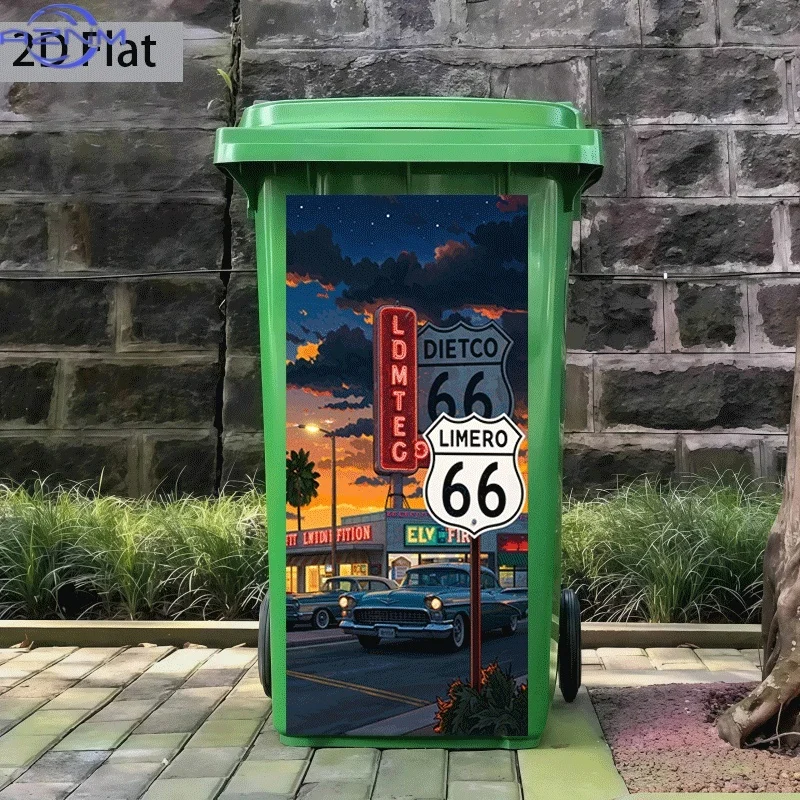 of Trash Can Sticker in 2D Flat Print, Measuring  Featuring a 'Route 66' Theme Design. This Self-Adhesive Wall Decoration Is S