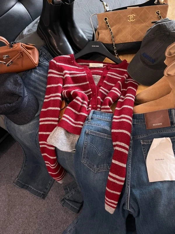 

Женский базовый слой в красную полоску, зима 2025 г., новая вязаная внутренняя одежда Cisas Sle Faion, облегающий свитер в корейском стиле