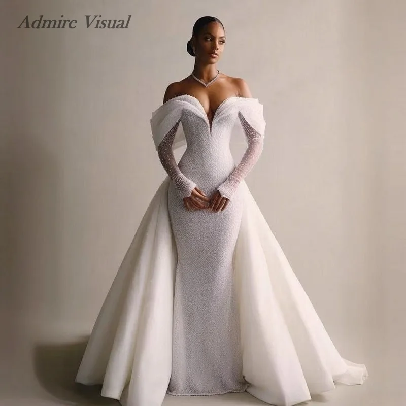 Admire Visual Sparkle Wedding Dress Mermaid Beaded Lace 2 In 1 Sweetheart Neckline Off The Shoulder Customized Bride Gowns