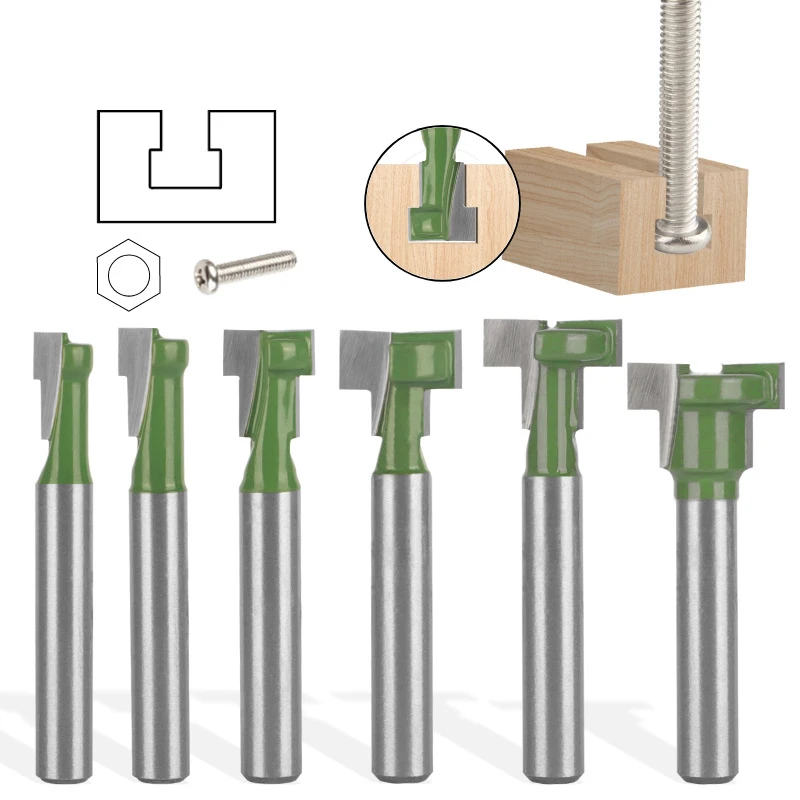 6PCS 1/4 Inch 6mm Shank Keyhole Router Bits Set T Track T-Slot Bolts Router Bit Set 1/4 5/16 3/8 9/16 1/2 5/8 Inch Blade Dia