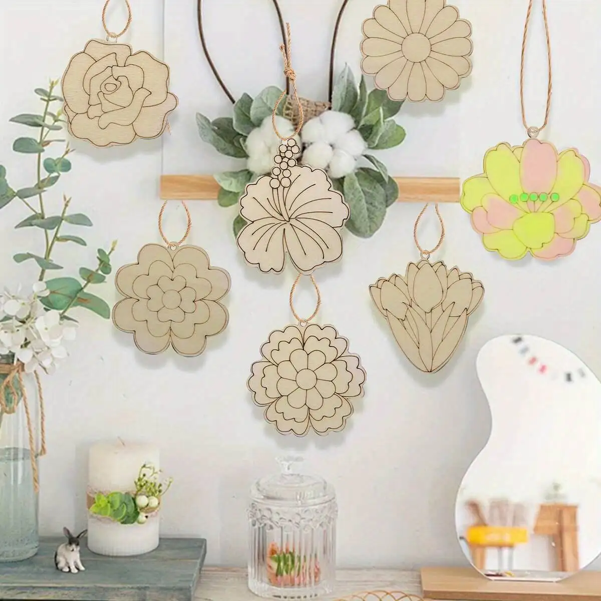 24Pcs Wooden Flower Head Pendants Unpainted Lily Tulip Rose Hanging Ornament For Spring Easter Home Party Decoration Gifts