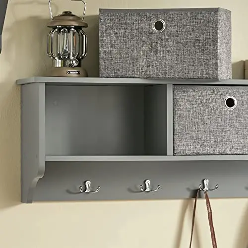 

Grey Wall-Mounted Entryway Organizer With Open Shelf, 3 Fabric Bins, And 5 Metal Hooks For Coats Keys And Small Items