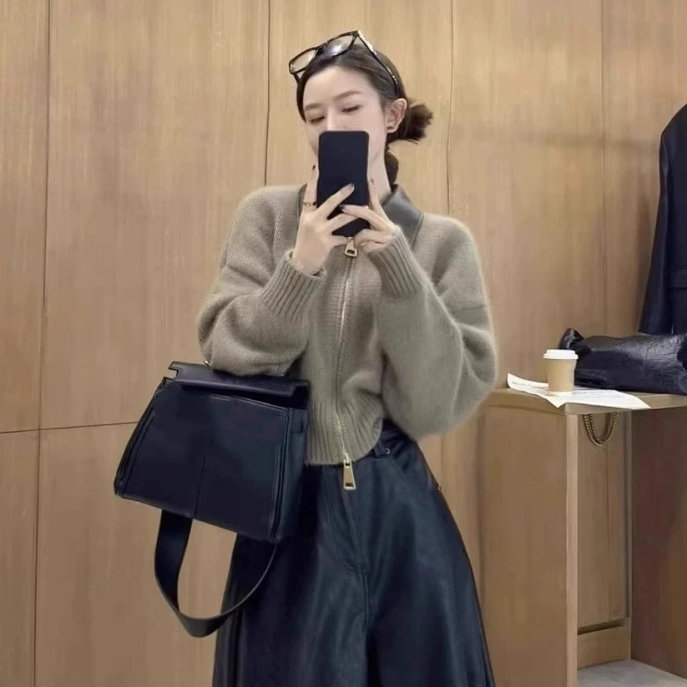 가죽 칼라 지퍼 프론트 스웨터 가디건 긴 소매 재봉 패턴 플립 칼라 스웨터 스트리트웨어 한국 스타일 크로셰 탑