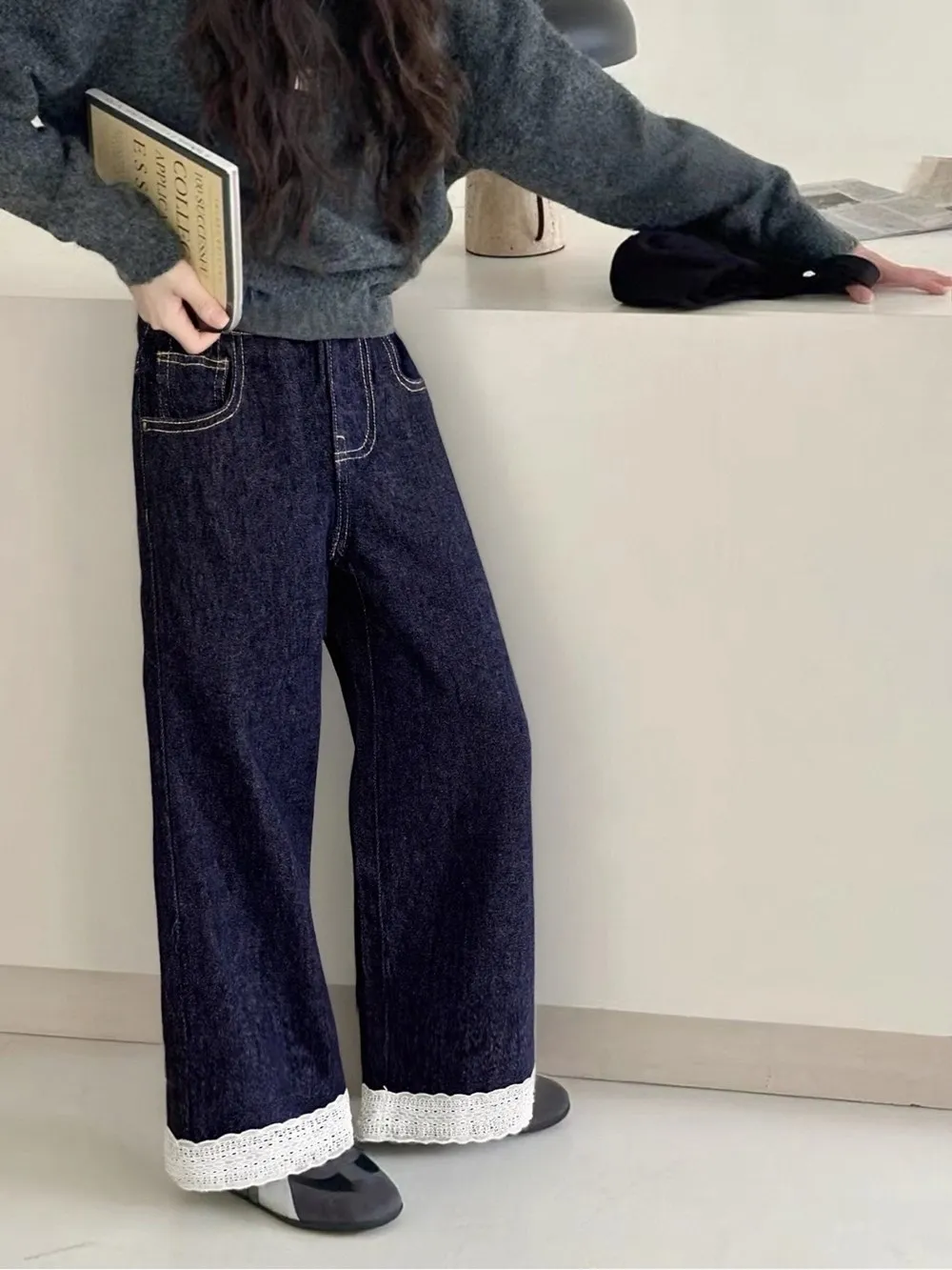 

baby pants kids girls clothes Retro lace patchwork straight leg jeans Girls' slim, casual and versatile jeans