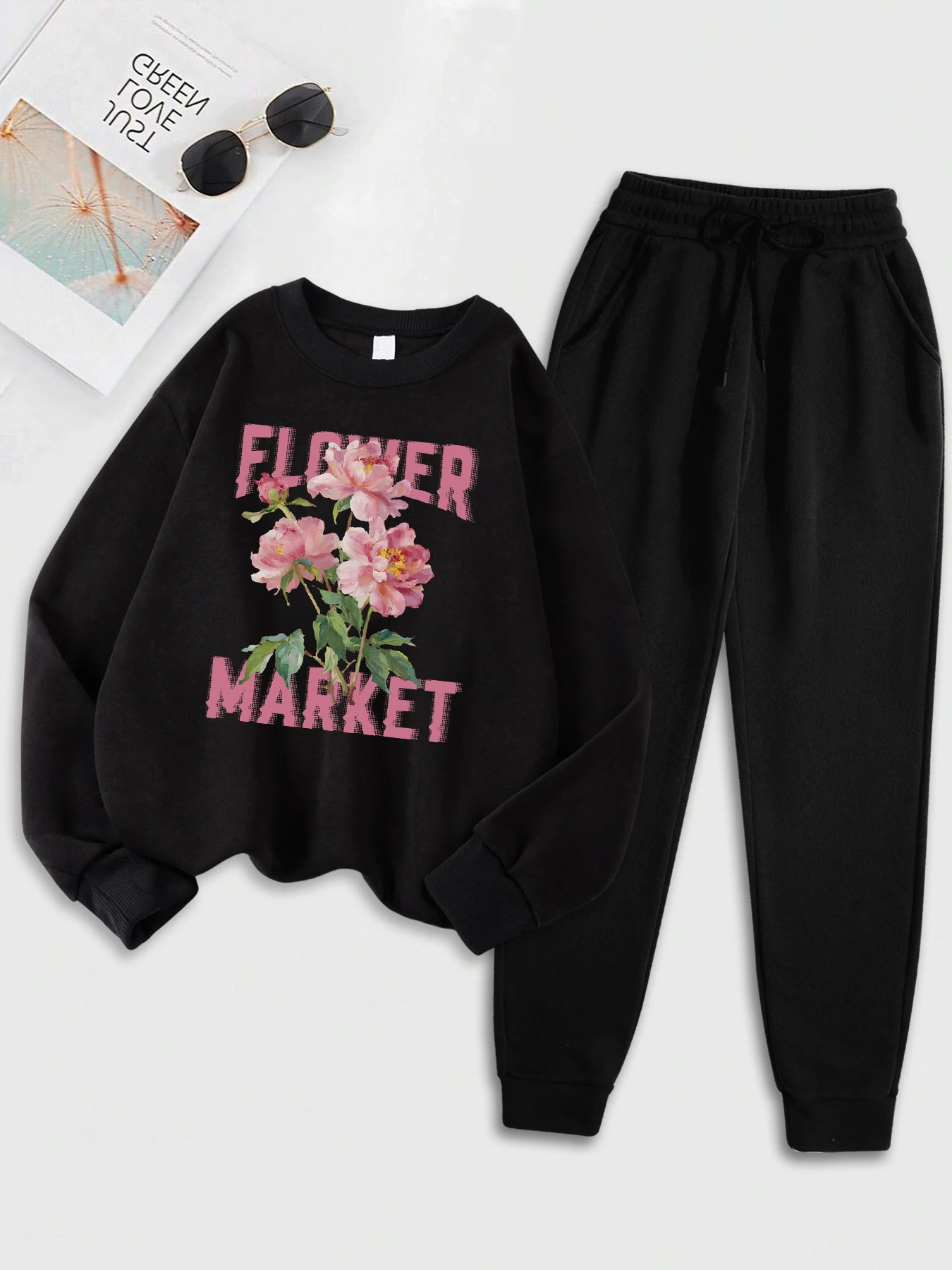 

Beautiful Flower Market Peony Design Women Sweatshirt Set Autumn Casual Hoody Breathable Soft Sweatshirts Comfy Sport Clothes