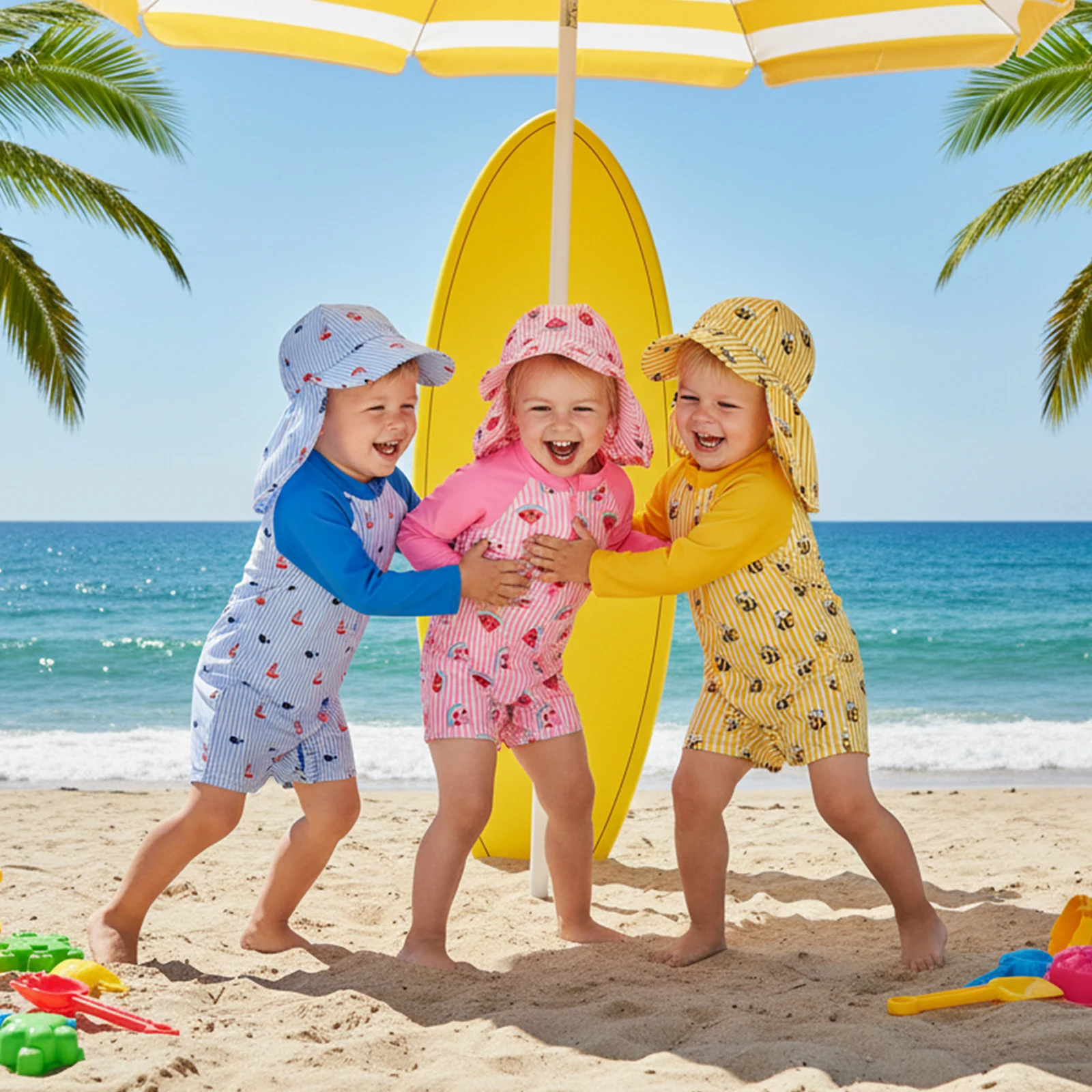 

Детский купальник с защитой от солнца и шапочкой, комплект из 2 предметов, с принтом пчелы/арбуза/парусной лодки, в полоску, на молнии, с длинными рукавами