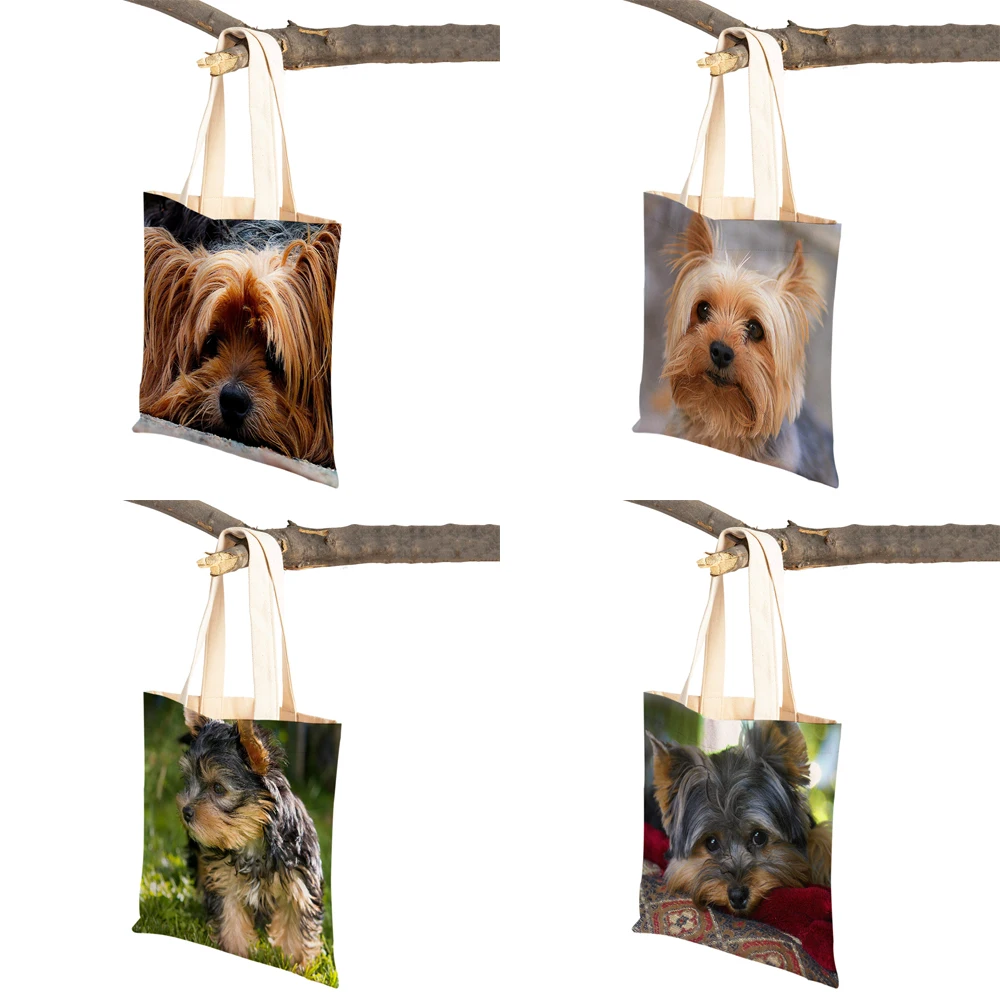 Fashion MINI Yorkshire Dog Canvas Student Lady Shopping Handbag Reusable Double Print Cute Pet Animal Casual Tote Bag for Women