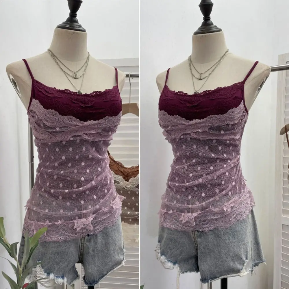 

Lace Dots Fake Two Pieces Camisole Wrapped Chest Bra Slim Fit Lace Slim Crop Top Streetwear All-match Bra with Pads Cami Club